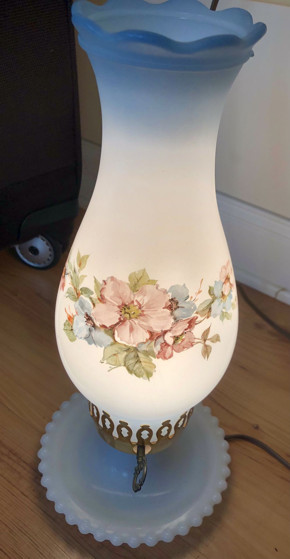 Vintage Milk Glass Lamp W/ Hand Painted Flowers