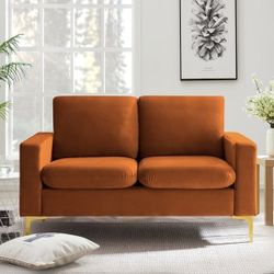 Velvet Loveseat With Gold Metal Legs Square Armrest Small Sofa Couch For Living Room (Orange)