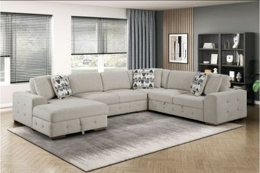 BRAND NEW TAUPE CHENILLE SECTIONAL SOFA SLEEPER WITH CHAISE (143 x 112 x 35H)