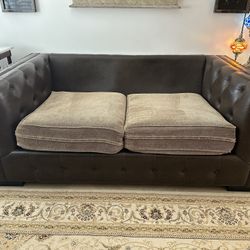 Tufted Dark Brown Faux Leather Loveseat Sofa