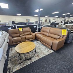 Leather power recliner sofa love seat