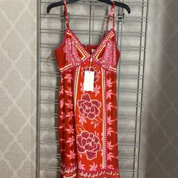NWT Caroline Constas Red Floral Summer Linen S Embroidered V-Neck Maxi Dress