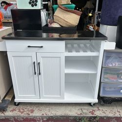 White Rolling Kitchen Island Cart with a Stainless Top