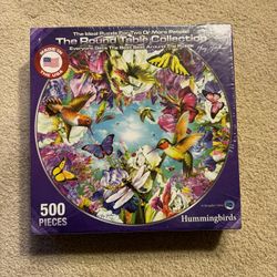 139-MMT “A Broader View”Hummingbirds Round 500 Piece Jigsaw Puzzle NEW Unopened