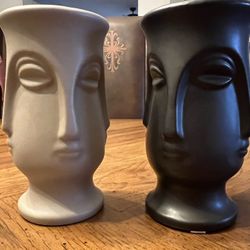 Pair of Surreal Sculptured Vases of Faces