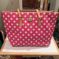 Dooney & Bourke Tote Bag Pink White Polka Dot Shopper Vachetta Leather Trim