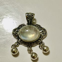 S925 Moon Stone  Charm W/ Rainbow Shining 