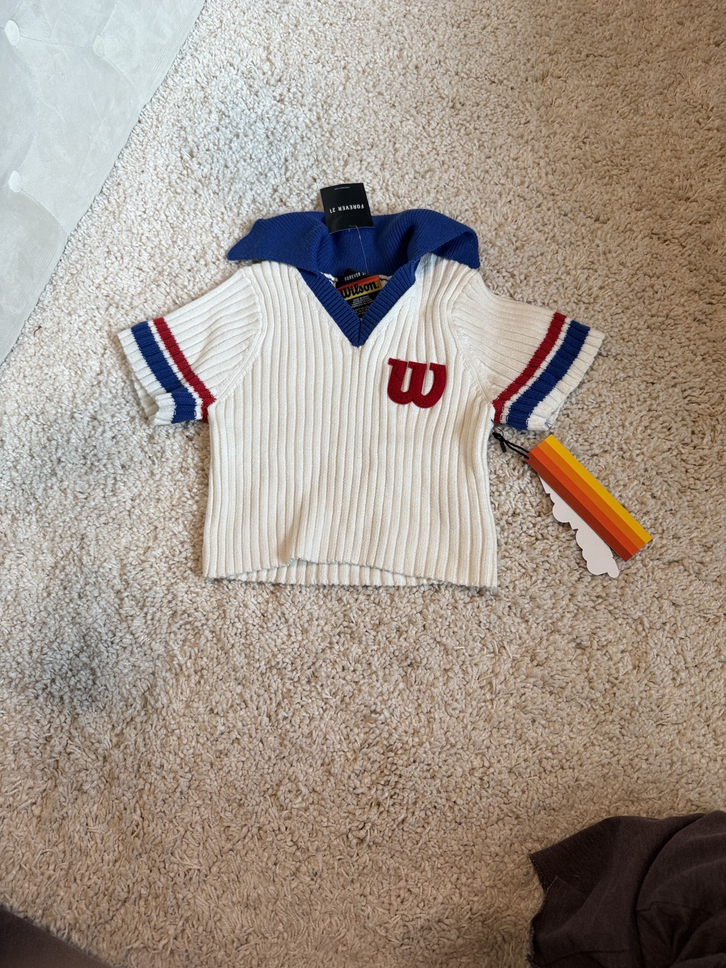 White blue Red Ribbed short Sleeve Top sweater new Wilson’s forever 21 crop