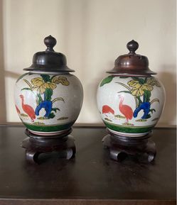 Pair of Old Kutani Seiyo Ceramic Urns