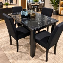 Black Marble Dining Table with 4 Chairs