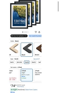 13x19 Picture Frame 4 Pack, 11x17 Mat, Black Wood, Glass (k2)