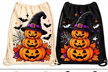 Spooky & Custom! Halloween Logo Canvas Drawstring Backpack – personalized DTF Print Gym & Treat Bag in Black/Beige