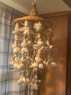 Vintage wicker and seashell hanging mobile