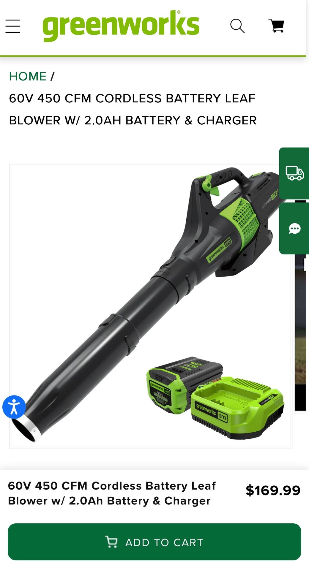 Brand New Sealed Greenworks  60V 450 CFM Cordless Battery Leaf Blower w/ 2.0Ah Battery & Charger