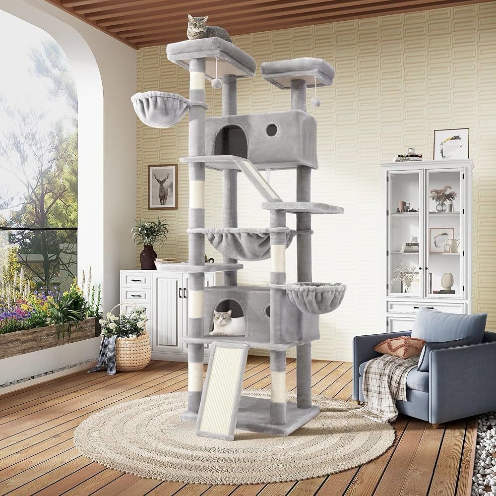 81in Multi-Level Tall Cat Tree Tower for Indoor Kitties/Larger Cat Condo Furniture with Hammock/Cozy Pussycat Perches/Sisal Scratching Posts/Pet House