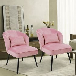 Accent Chairs,Vanity Guest Chair with Metal Legs，Lumbar Pillow, Set of 2 Purple pink