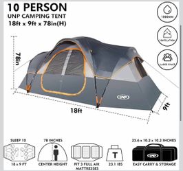 10 Person Tents for Camping Family Outdoor Camping Tent 2 Rooms with Rainfly, Waterproof 5 Large Mesh Windows Size 18ft x 9ft x78in