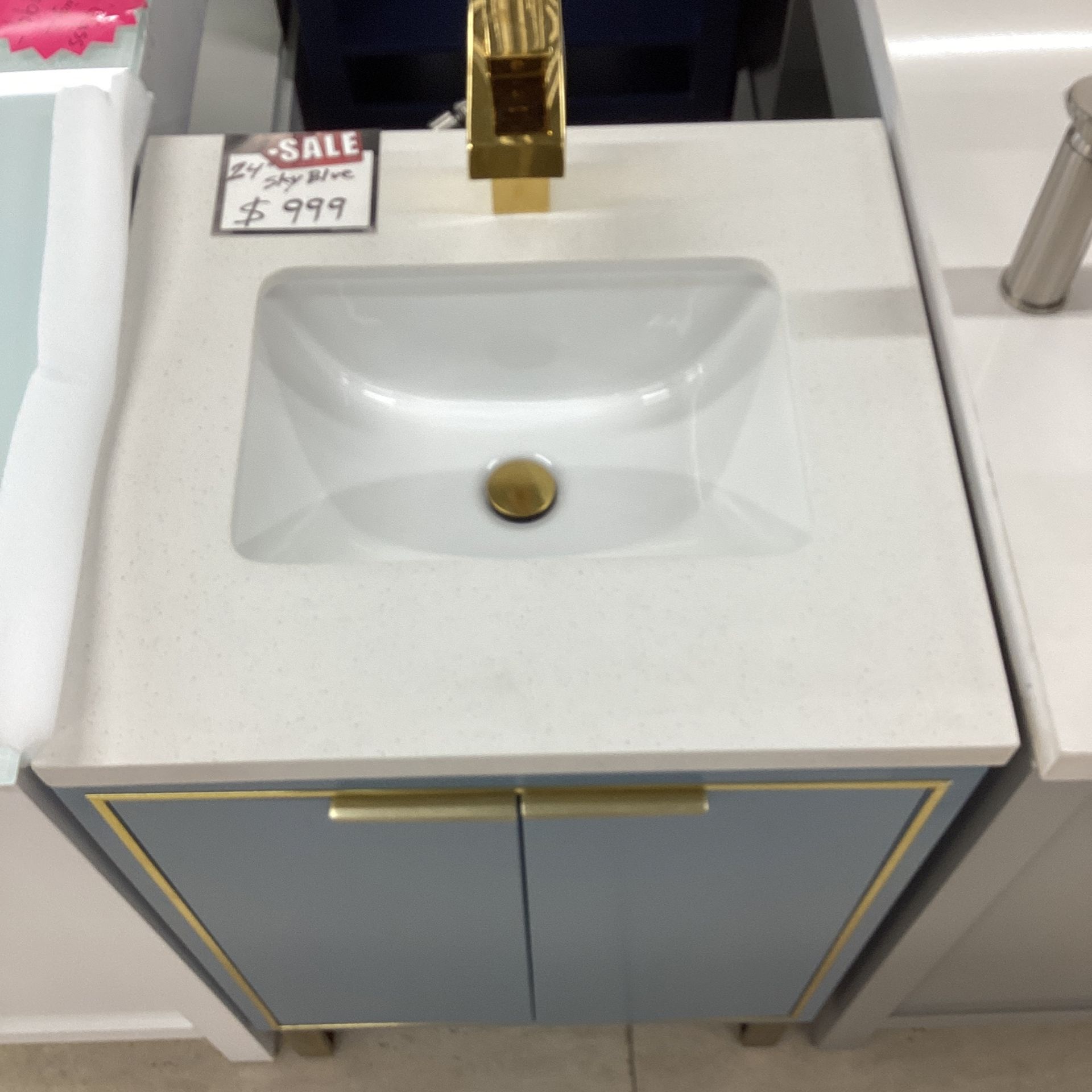 24” Sky Blue Bathroom Vanity Stone Countertop Ceramic Sink Solid Wood Fully Assembled Available Today!!!