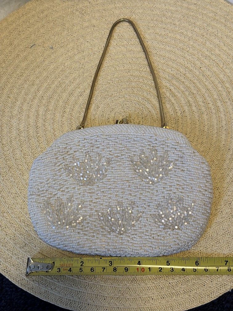 Vintage Pearl Evening Bag Or Great Bridal Wedding Bag, Ivory Perfect Condition, Gold Chain Handle.