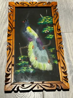 Feather Art Bird Painting Hand Carved Wood Frame Signed 16.5"x9"