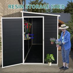 8x4ft Outdoor Resin Garden Shed with Floor and 2 Windows, Plastic Patio Outdoor Storage Shed with Lockable Door for Garden Tools, Bicycles, Trash Cans