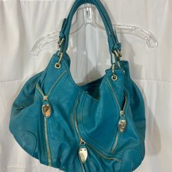 Vintage JustFab Brooklyn Bridge Shoulder Hobo Bag 3 Sections Teal Faux Leather