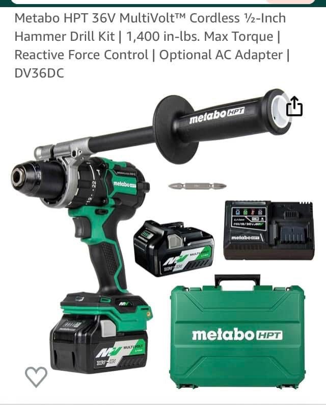 M Metabo HPT 36V MultiVoltâ„¢ Cordless Brushless 1/2" Hammer Drill Kit, Power Drill Kit with Lithium-Ion Metabo Batteries , Case and Charger, Compact Li