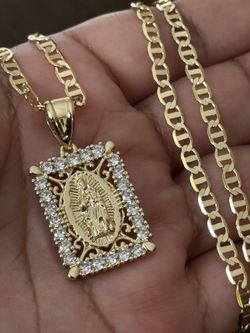 Virgin Mary Square Pendant With Stones 20 Inch Mariner Necklace