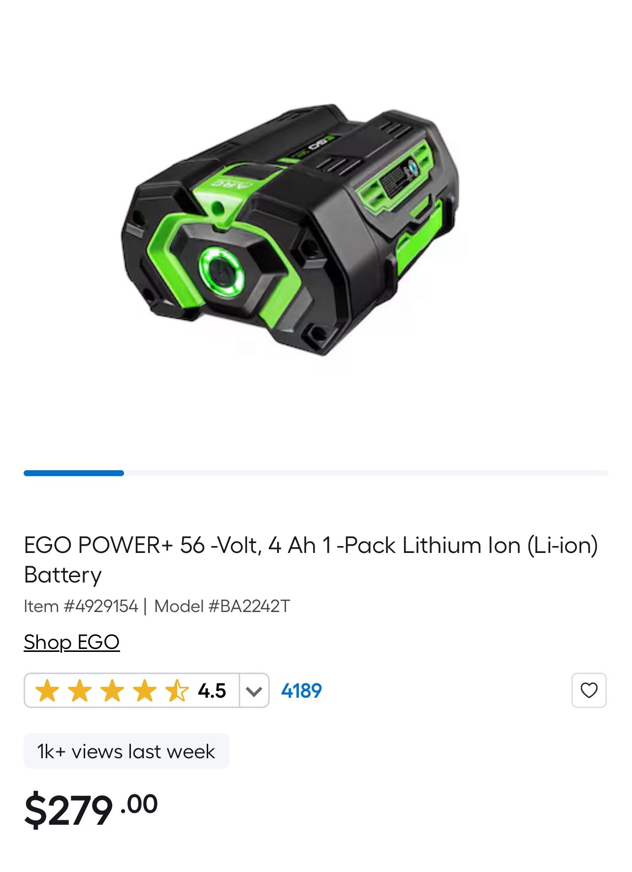 EGO POWER+ 56 -Volt, 4 Ah 1 -Pack Lithium Ion (Li-ion) Battery Brand New, Never Opened. 