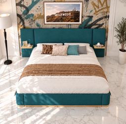 Queen Size Green Canary Modern Upholstered Platform Bed Frame.