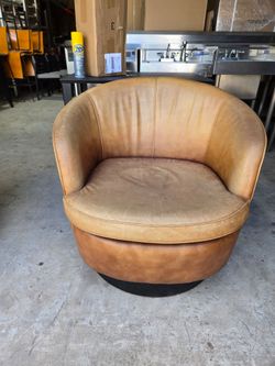 Tan Leather Barrel Swivel Accent Chair