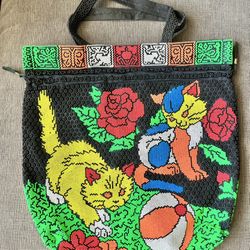 Vintage Beaded Kitty Cat Rose drawstring Tote Bag Purse made in Hong Kong 