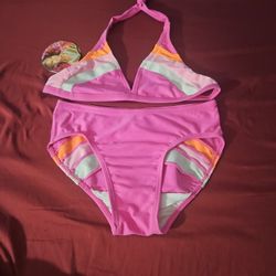 Beach Native big girl bathing swim suit 2 piece pink halter bikini L Large 10 12