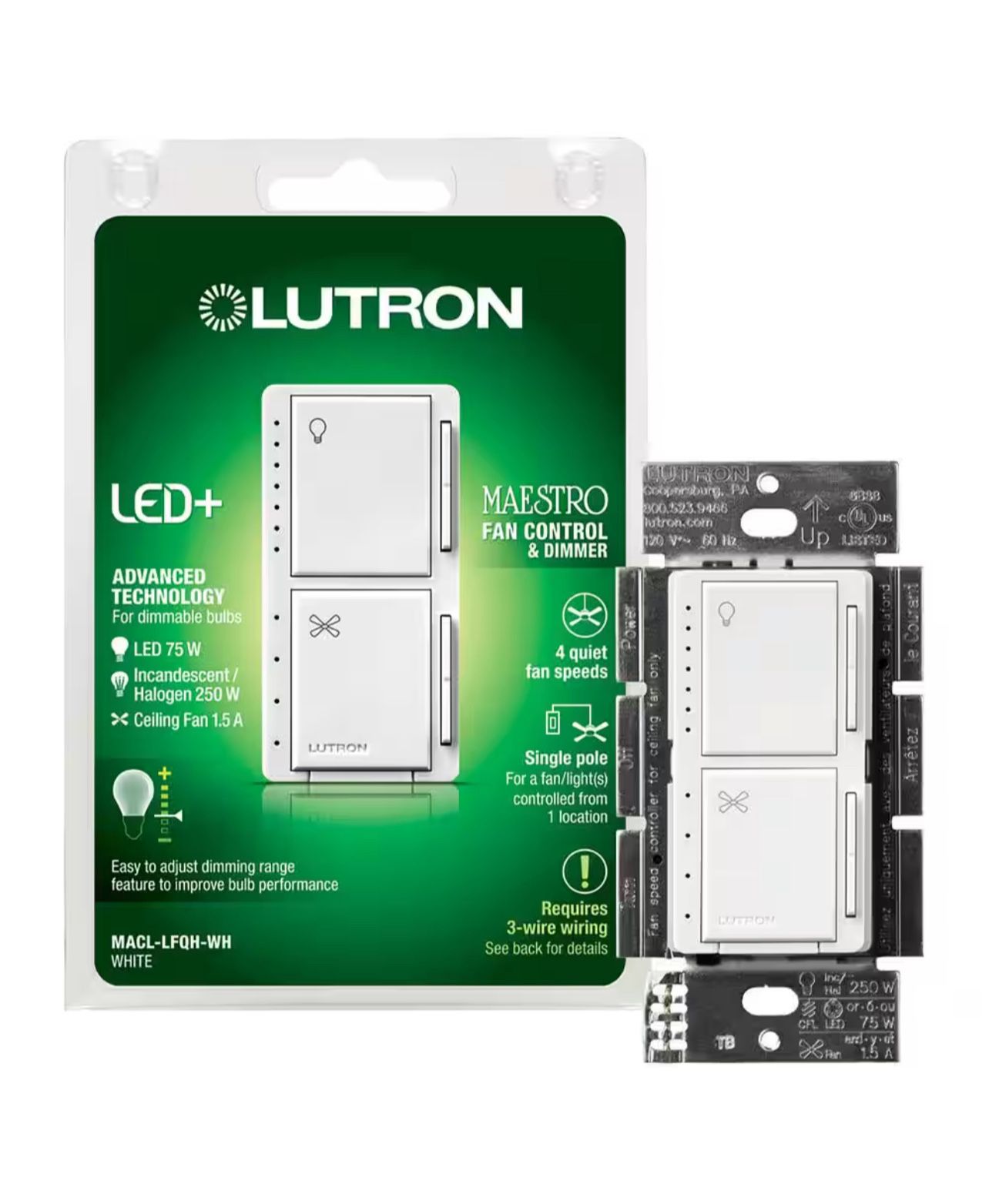 Maestro Fan Control and Light Dimmer for Dimmable LED and Incandescent Bulbs, 75W/Single-Pole, White (MACL-LFQH-WH)