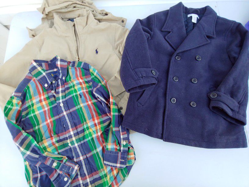 Boys size 5 bundle. Ralph Lauren tan jacket, Ralph Lauren plaid shirt, Janie and Jack peacoat size 4T 5T fits like a size 5.