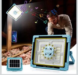 Solar Work Lights with Bluetooth Speaker 4 Lighting Modes 10000 Lumen LED 12000mAh IP66 Rechargeable Solar Outdoor Job Site Lighting Power Outages for