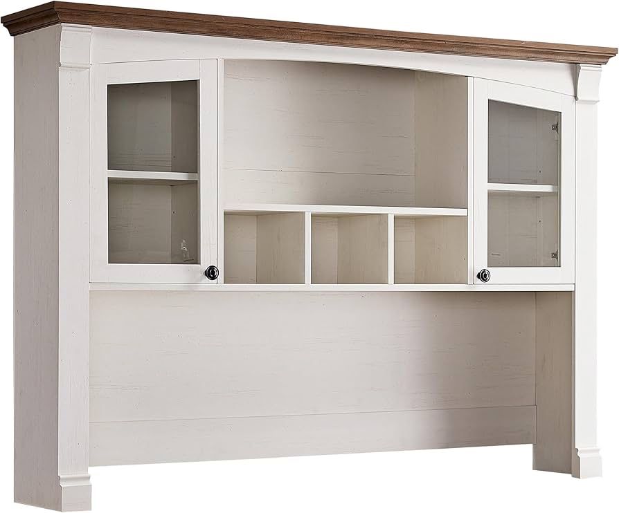 Farmhouse Hutch for 60" Executive Desk, Office Desk Storage Cabinet with Glass Doors and Shelves, Top Hutch Organizer for Home Office - Antique White