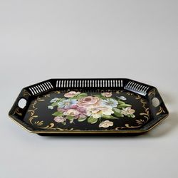 Vintage Toleware Tray – Hand-Painted Floral Black Lacquer Octagon - Mid-Century