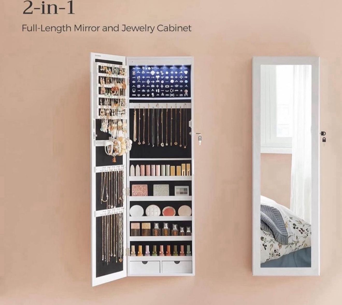 6 LEDs Mirror Jewelry Cabinet, 47.2-Inch Tall Lockable Wall or Door Mounted Jewelry Armoire Organizer with Mirror, 2 Drawers, 3.9 x 14.6 x 47.2