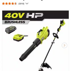 RYOBI 40V HP Brushless 600 CFM 155 MPH Cordless Leaf Blower and Carbon Fiber String Trimmer with 4.0 Ah Battery and Charger