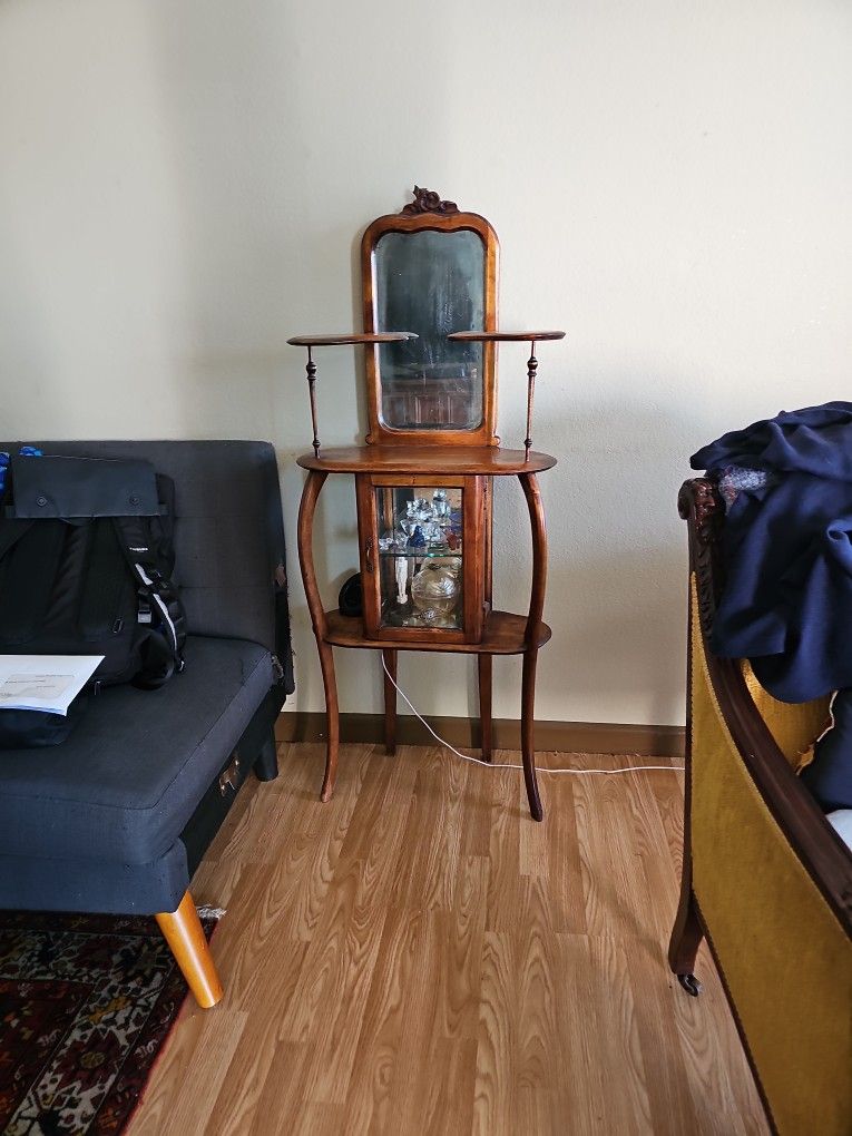 Victorian Style Carved Wood Mirrored Display Shelf