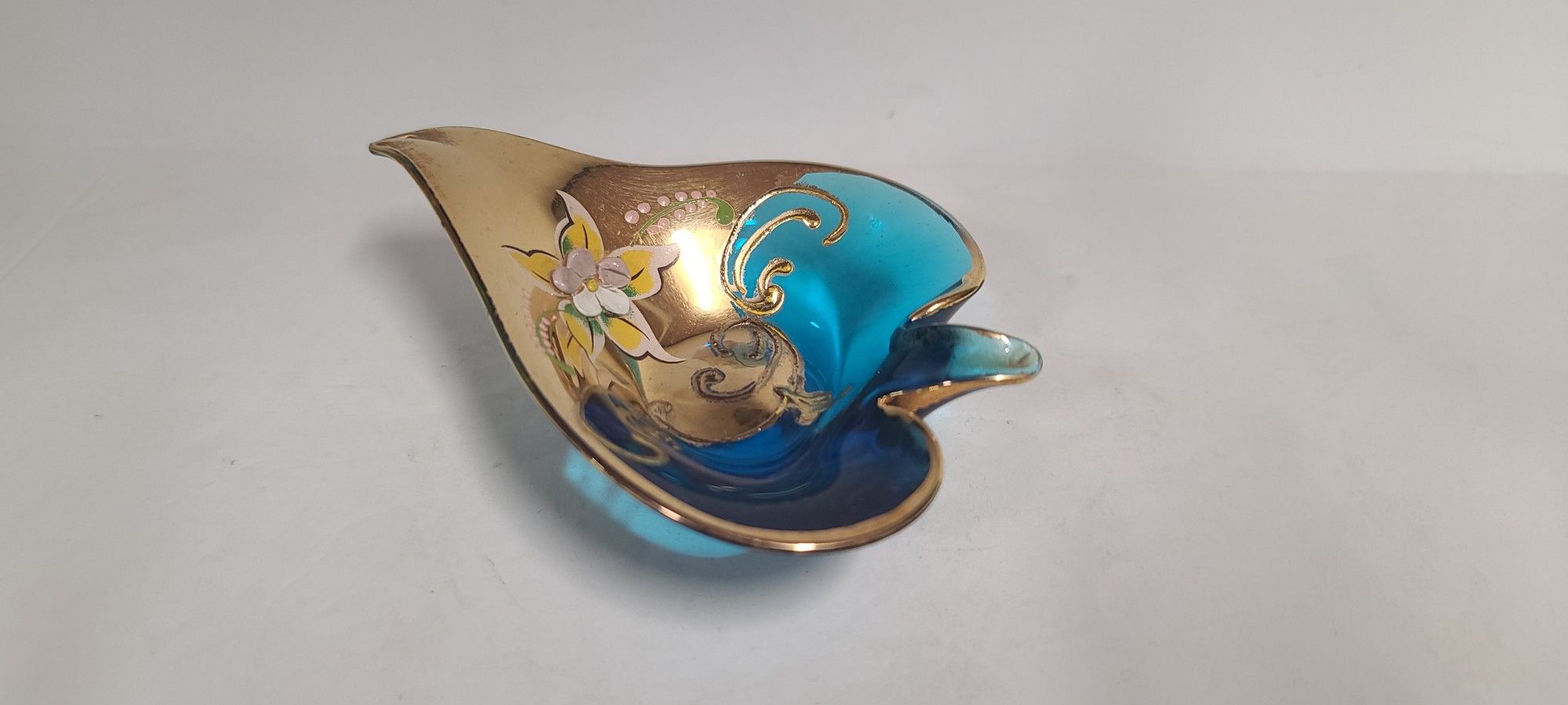Beautiful Vintage Bohemian Blue Gold Enameled Glass Heart Trinket Dish 