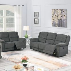 Brand New Gray Linen Power Reclining Sofa + Loveseat 2PCs Set