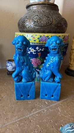 Listing Authentic Pair of Vintage Gump's San Francisco Turquoise Glazed Foo Dogs -11”