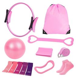 Pilates Kit for Women, Pilates Equipment with 13" Magic Circle Pilates Ring and Ball Set with 5 Strength Bands, Hip Thrust Belt, Compact Workout Set a