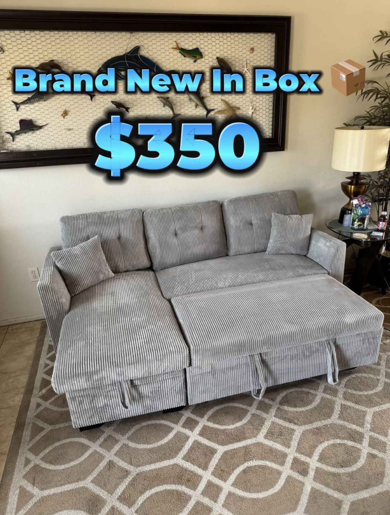 Corduroy Fabric Sectional Couch ποΈ Brand New In Box Light Gray Color Storage Space β
Pull Out Bed β
Reversible L β
Corduroy Fabric β