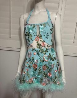 New small aqua embroidered floral dress boho iHR mini flower spring tea cottage