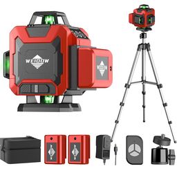 Laser Level with Tripod, Self Leveling Laser Level 4x360°, Green Line Laser 4D Laser Leveler Tool with 2Pcs Lithium Batteries for Picture Hanging, Til