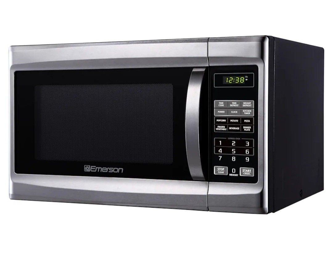 Emerson MW1338SB Countertop Microwave Oven, 6 Pre-Programmed Settings, Removable Glass Turntable, Child Safety Lock, 1.3 Cu ft, 1000W, Stainless Steel