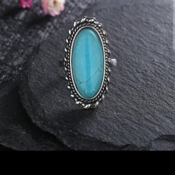 925 NATURAL Blue Turquoise Oblong Ring